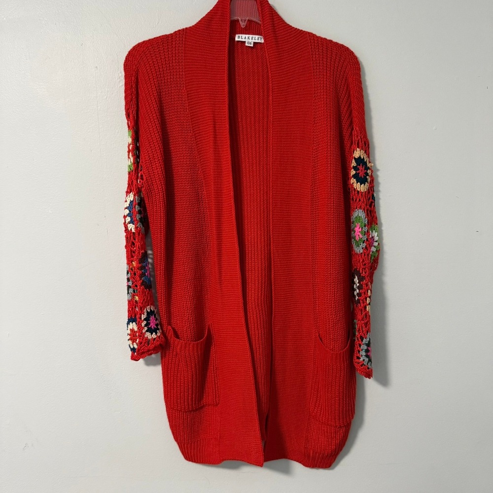 Blakeley Red Crochet Granny Square Sleeve Open Front Cardigan Sweater OS Womens - Picture 2 of 16
